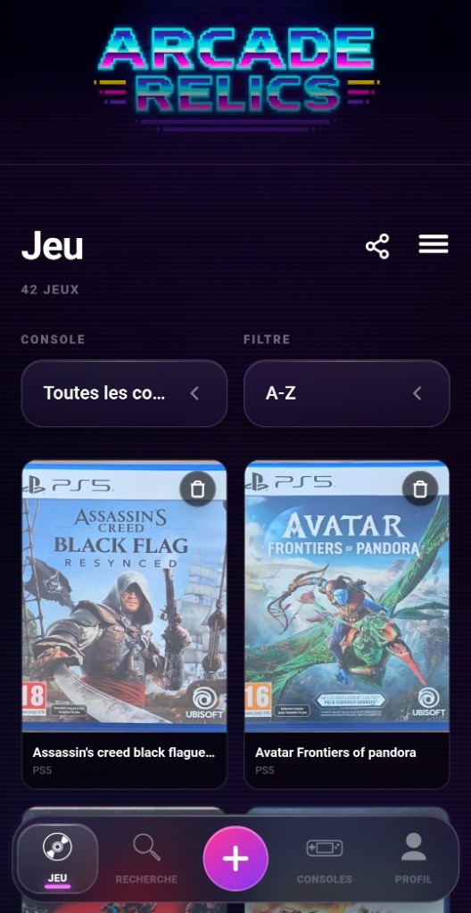 Aperçu de l'application Arcade Relics sur smartphone